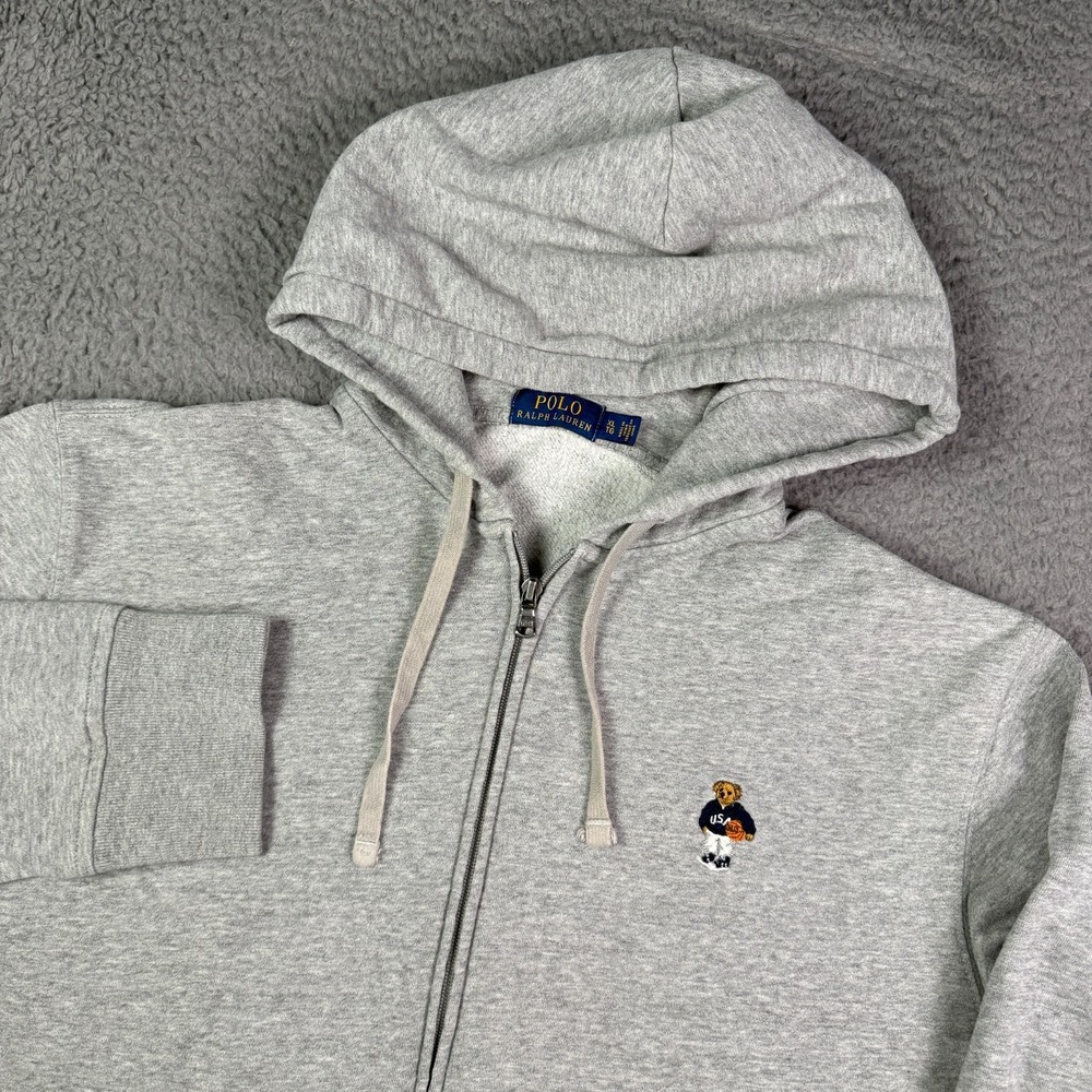 Polo Ralph Lauren Bear Hoodie Mens XL Gray USA Basketball Full Zip Drawstring
